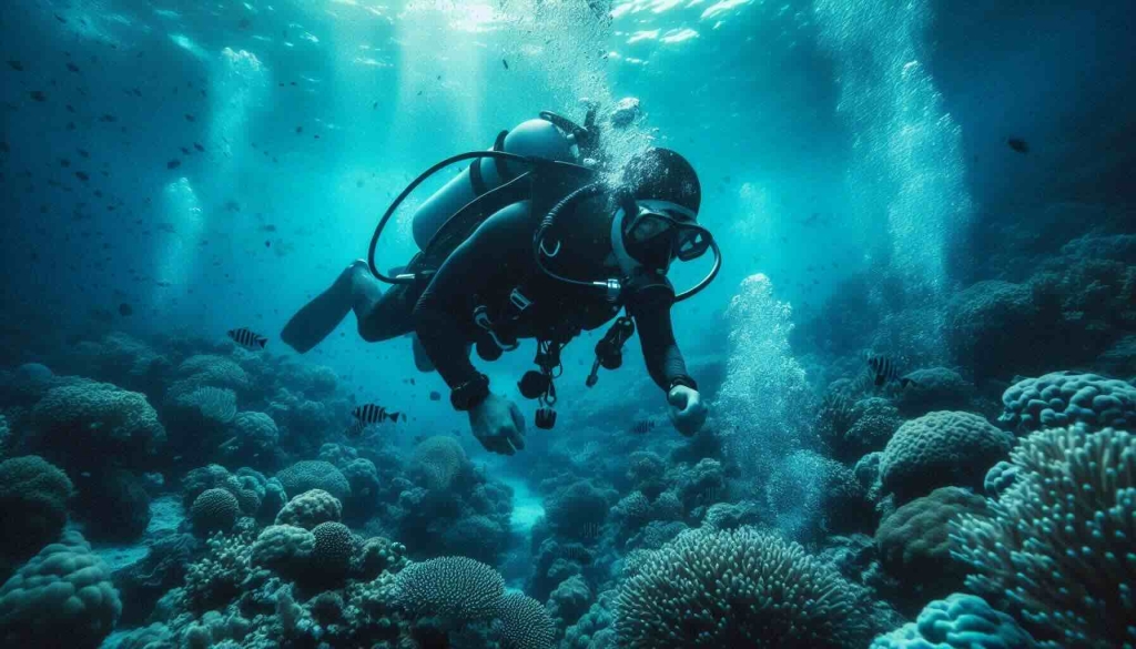 Scuba Diver Diving with a Perfect Buoyancy A scuba diver exploring colorful coral reefs in the ocean, demonstrating skillful movement while protecting marine life.