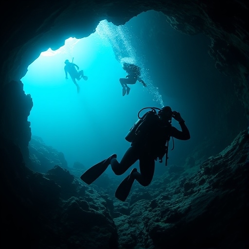 Cave Diving Divers navigating through a breathtaking underwater cave, highlighting the thrill and risks of cave diving exploration.