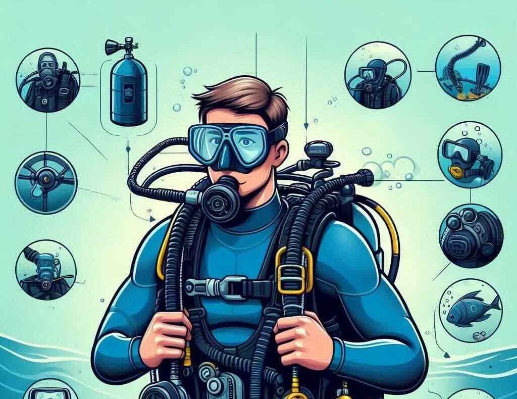 how SCUBA equipment works? A detailed illustration of scuba diving gear, explaining the mechanics of SCUBA equipment for underwater exploration.