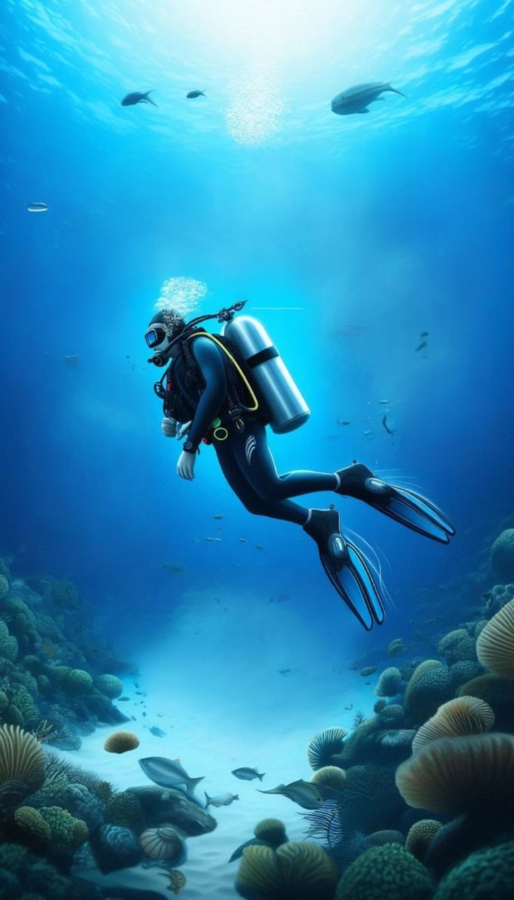 Scuba Diver Ascending Slowly A scuba diver ascends slowly through clear waters to avoid decompression sickness, surrounded by colorful coral reefs.