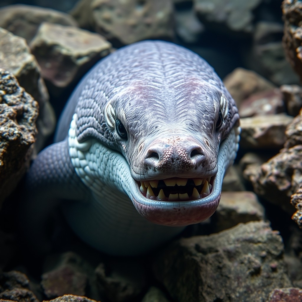 Adult wolf eel with grumpy face and sharp teeth among rocks underwater in the Pacific Ocean.