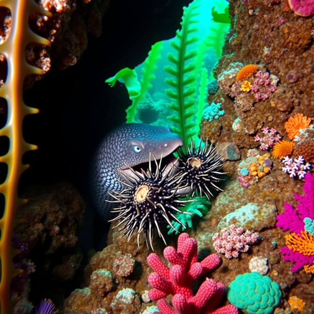 Wolf eel in kelp forest eating a sea urchin, showing its role in the marine ecosystem.