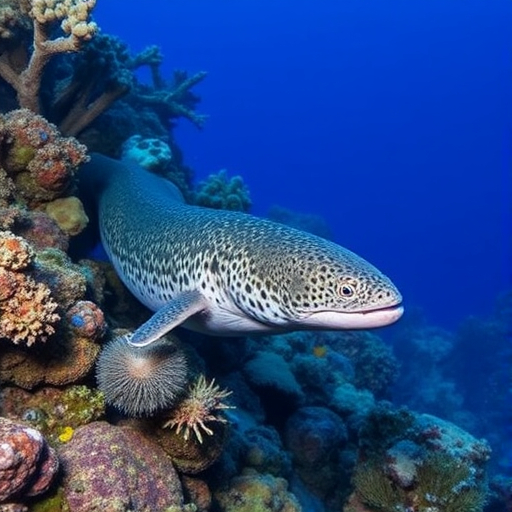 A majestic wolf eel gliding through a colorful coral reef, highlighting the rich biodiversity of underwater ecosystems.