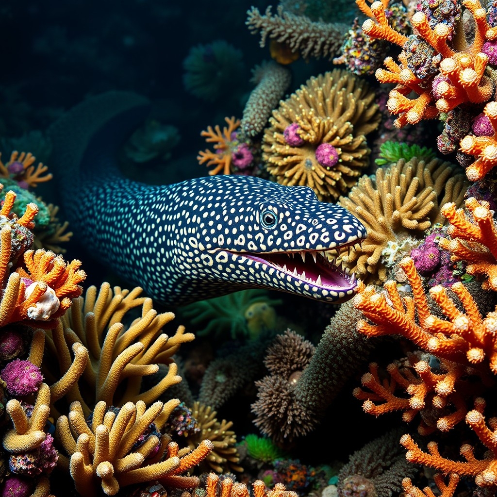 A wolf eel swimming among Pacific coral reefs, showing its eel-like body and wolf-like face.
